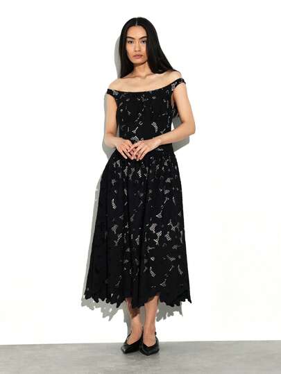 KSTM Vestido midi negro de encaje con hombros descubiertos y dobladillo con escote festoneado, elegante para cóctel, fiesta, evento formal, boda o invitado