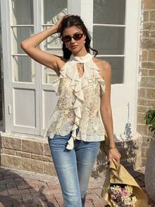Serisse Áo kiểu cổ yếm xếp nếp thêu sequin mùa hè dành cho nữ - Màu be - Xem 7