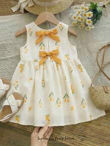 Cozy Pixies Đầm không tay cổ tròn, in hoa, phối màu tương phản cho bé gái. - Màu vàng - Xem 1
