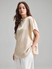 Ontre 2026春夏女士杏色衬衫，舒适柔软的梭织面料，短袖，金属纽扣，宽松版型，现代都市时尚商务休闲办公装，高品质机场/邮轮着装，优雅婚礼宾客礼服，简约奢华感，四季皆宜 - 杏色 - 查看 6