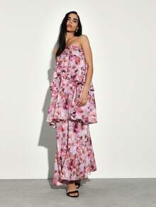 KSTM Strapless Bandeau Tiered Ruffle Floral Print Maxi Dress With Layered Feminine Silhouette For Spring Summer Occasions - Multicolor - View 6