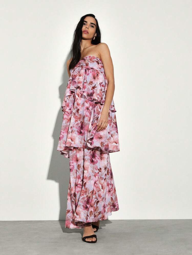 KSTM Strapless Bandeau Tiered Ruffle Floral Print Maxi Dress With Layered Feminine Silhouette For Spring Summer Occasions