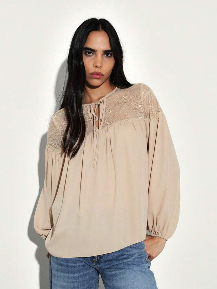 KSTM Boho Lace Yoke Peasant Blouse Long Sleeve Tie Neck Flowy Top Fall Spring Feminine Vintage Style