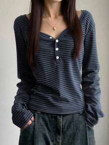 EMERY ROSE Camiseta de manga larga a rayas de estilo casual para mujer, otoño - Azul - Ver 1