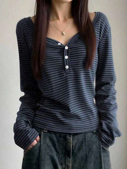 EMERY ROSE Women's Casual Striped Long Sleeve T-Shirt, Autumn