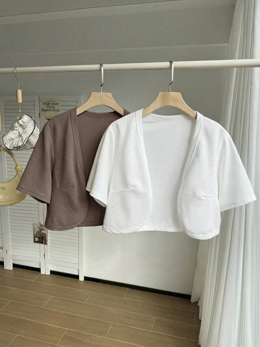 SHEIN EZwear 2pcs/Set Plus Size Women Summer Short Sleeve Open Front Jacket, Black & White Crop Top Jacket Solid Color Tops Cotton Tops Linen Crop Shirts - Brown - View 1