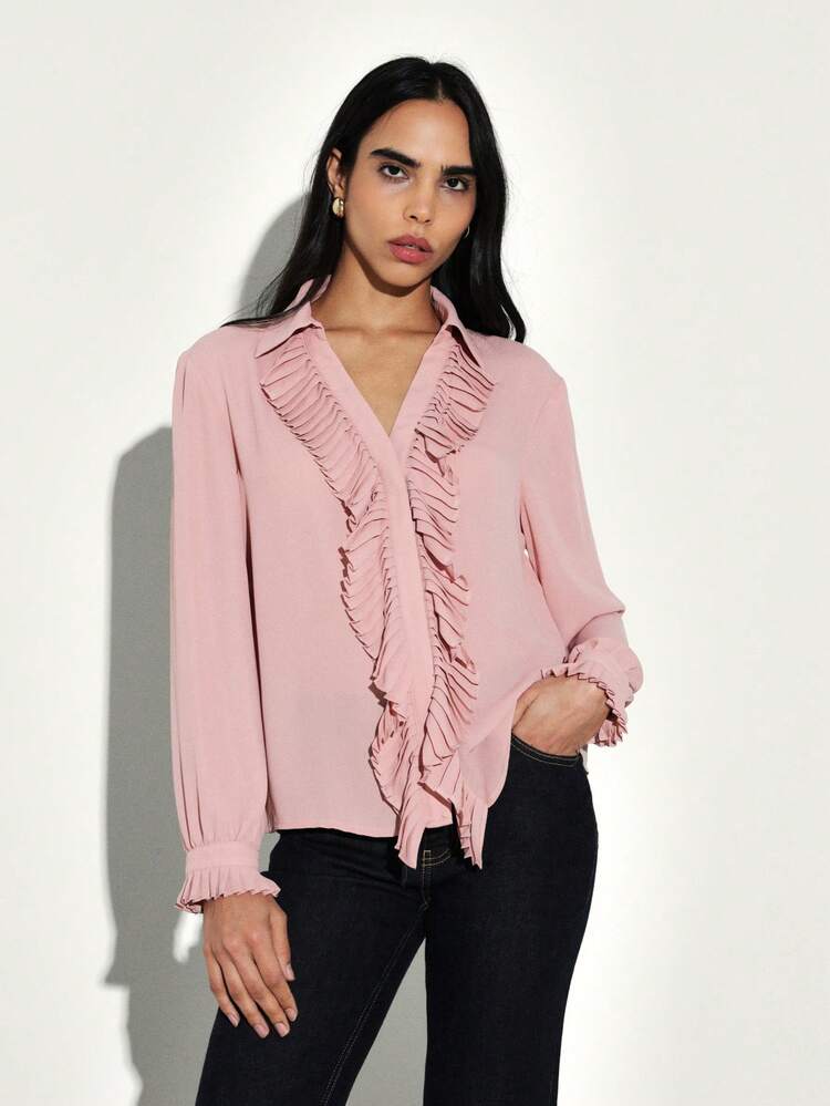 KSTM Women's Long Sleeve Pleated Ruffle Front Button Up Blouse With V Neck And Gathered Cuffs For Office Casual Wear