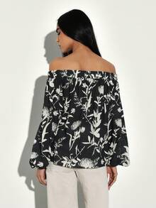 KSTM Off Shoulder Blouse With Long Sleeves Floral Print Black Top Elastic Neckline Casual Bohemian Style Garden Party Spring Summer Fashion - Multicolor - View 2