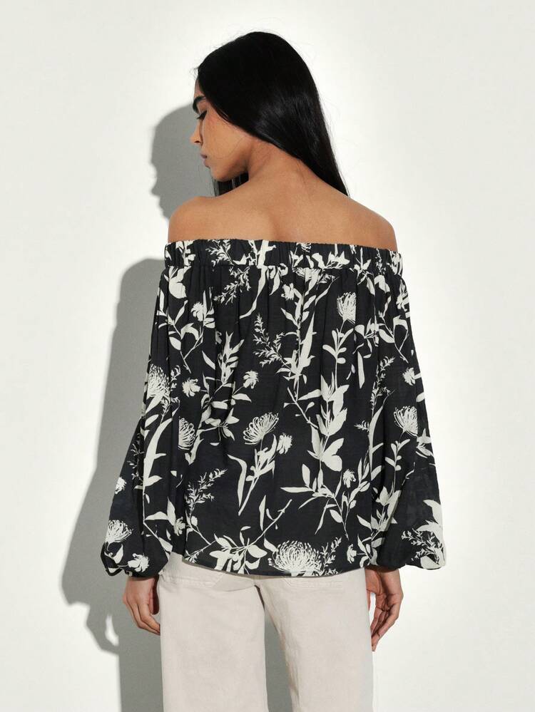 KSTM Off-Shoulder Bluse mit langen Ärmeln, Blume Muster, schwarzes Oberteil mit elastischem Ausschnitt, lässiger, bohemian-artiger Stil für Gartenfeste im Frühling und Sommer
