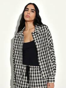 KSTM Women Black White Checked Two Piece Outfit Co-Ord Matching Jacket Shorts Set Fall Winter - Black and White - View 6