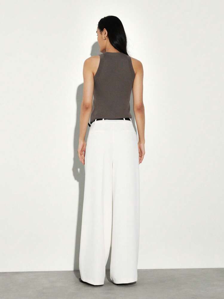 KSTM Women's High Waisted Wide Leg Pleated Palazzo Pants With Belt Loops Summer Casual Trousers Office Wear Business Formal