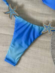 Swim Chiccia 两件套渐变随机花卉印花绳饰蓝色海星抹胸比基尼泳装套装，性感女士夏季度假比基尼蓝色泳衣，女士蓝色海星比基尼渐变蓝色比基尼蓝色泳衣，女士蓝色比基尼套装，女士泳衣，全包覆式女士泳装套装，女士泳装，带衬垫泳衣 - 彩色 - 查看 4