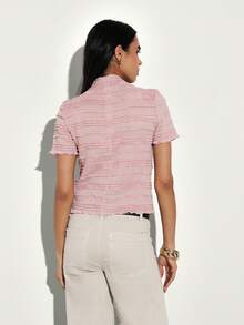 KSTM Women Textured Mock Neck Short Sleeve Top With Ruched Detail And Fringe Hem Design For Spring Summer - Pink - View 2