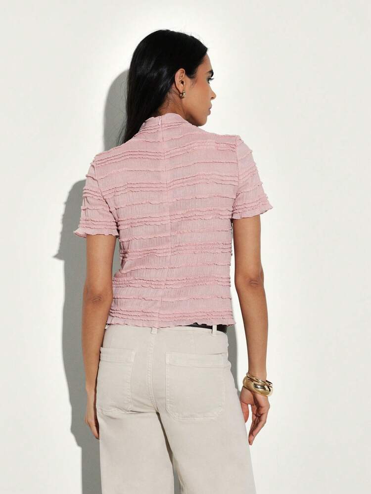 KSTM Women Textured Mock Neck Short Sleeve Top With Ruched Detail And Fringe Hem Design For Spring Summer