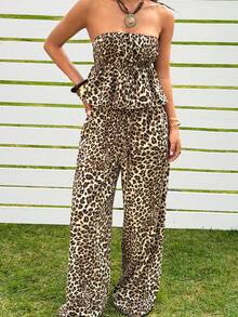 SHEIN EZwear 两件套女士休闲条纹系带抹胸上衣和裤子套装 - 彩色 - 查看 6