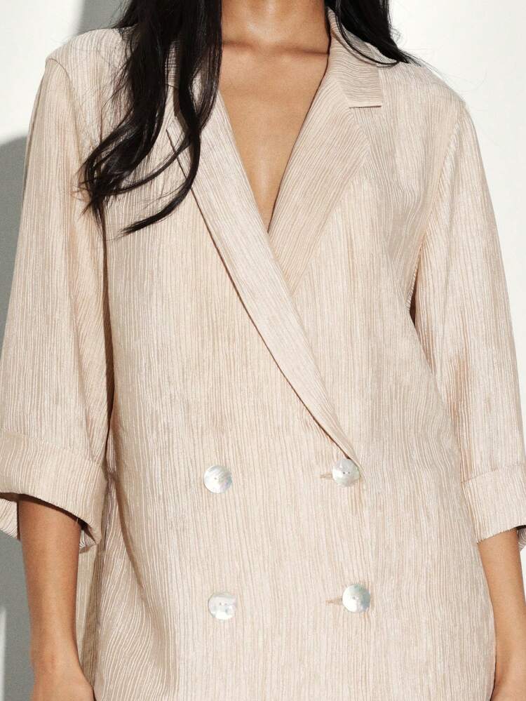KSTM Blazer leve de abotoamento duplo com textura, com botões de pérola e caimento relaxado para mulheres