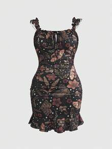 ROMWE Fairycore Summer Dress Summer Outfits Nature-Inspired Vacation Hippie Plant Leaf & Mushroom All-Over Print Sexy Off-Shoulder Plus Size Dress Floral Dress Festival Outfits For Women Festival Outfits For Women Elegant Dresses For Women - Multicolor - View 6