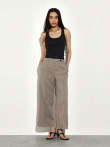 KSTM Women's Elastic Waist Wide Leg Smart Pants Taupe Casual Office Work Trousers Relaxed Fit Palazzo Style - Khaki - View 1