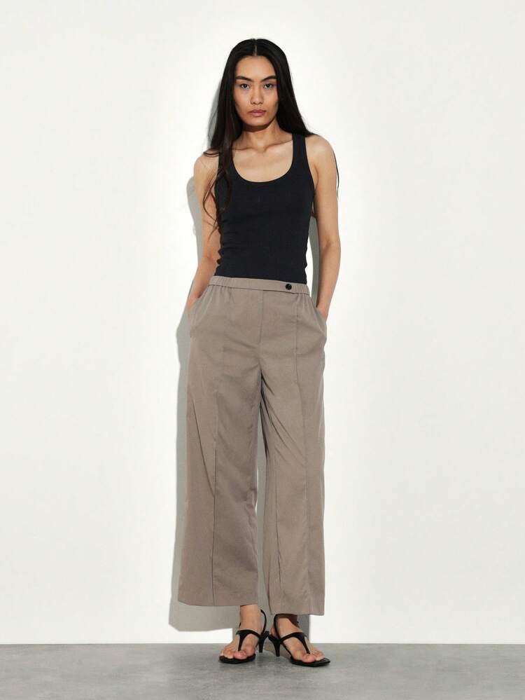 KSTM Women's Elastic Waist Wide Leg Smart Pants Taupe Casual Office Work Trousers Relaxed Fit Palazzo Style