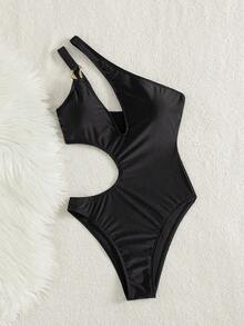 Bonvoyette Swim SXY 新款女士优雅性感 Y2K Spice Girl 连体泳衣，前卫摩登的纯黑色缎面亮面面料，不对称单肩设计配金色搭扣肩带，腰部镂空，深V领，高开衩腿部和性感贴合的剪裁——打造迷人曲线，收腹塑形，适合泳池派对、夏季海滩度假、夜店、音乐节和夜间外出等各种场合。 - 黑色 - 查看 5