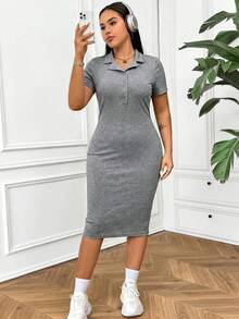 SHEIN EZwear 大码休闲纯色前扣短袖连衣裙 - 深灰色 - 查看 6