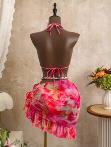 Swim Mod 3pcs/Set Girl's Printed Random Spaghetti Strap Halter Bikini Top, Side Tie Bottoms & Ruffle Trim Skirt - Multicolor - View 2