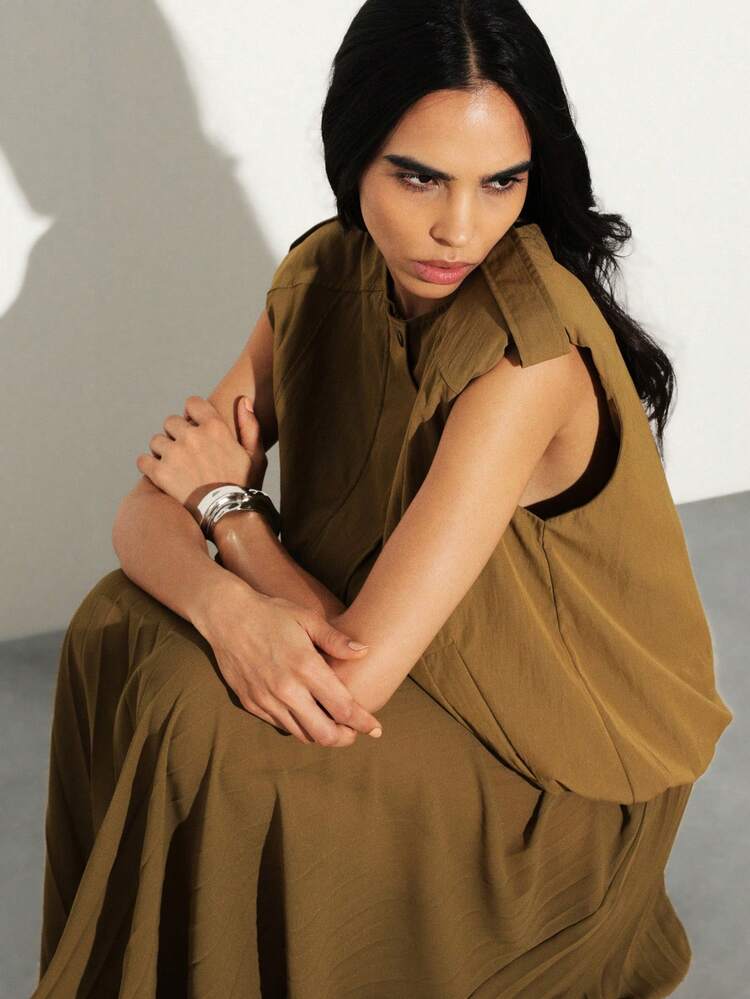 KSTM Khaki Balloon Hem Vest With Structured Shoulders And Snap Button Closures For Women Fall Winter Casual Layering