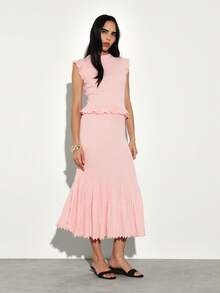 KSTM Knit Ribbed Mock Neck Sleeveless Top With Pleated Midi Skirt Co Ord Set Ruffle Detail Sweater Coordinates - Pink - View 3