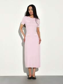 KSTM Vestido de punto de cuello redondo con detalles de contraste, vestido de punto midi de manga larga para uso casual en otoño e invierno - Rosa - Ver 5