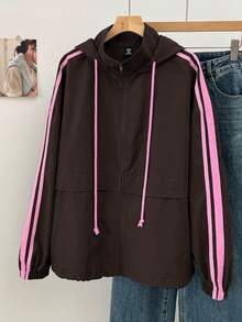 SHEIN EZwear Áo khoác có mũ cỡ lớn màu nâu sô cô la với sọc tương phản - Màu nâu Sô-cô-la - Xem 1