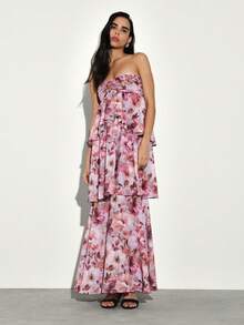 KSTM Strapless Bandeau Tiered Ruffle Floral Print Maxi Dress With Layered Feminine Silhouette For Spring Summer Occasions - Multicolor - View 1