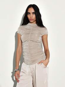 KSTM Gathered Mock Neck Short Sleeve Top With Ruched Detail For Casual Summer Fashion - Khaki - View 1