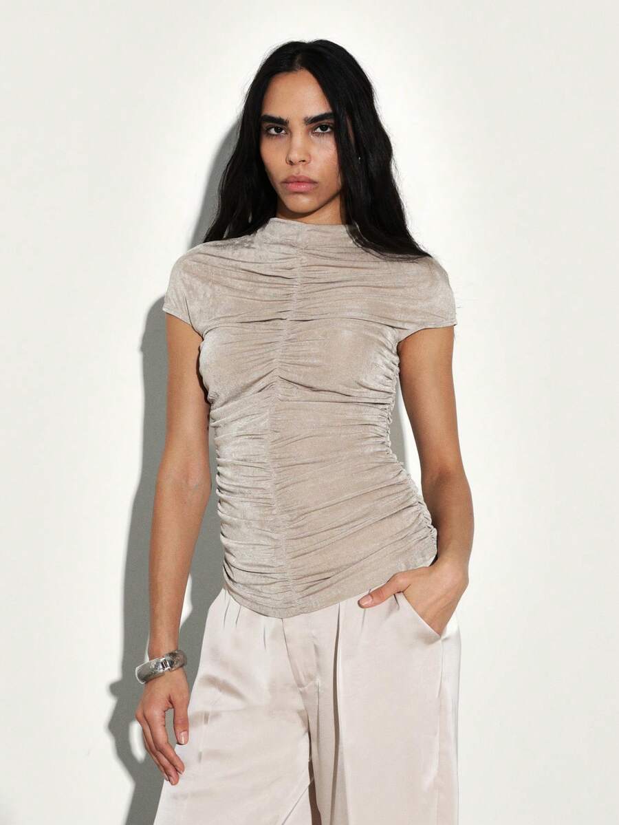 KSTM Gathered Mock Neck Short Sleeve Top With Ruched Detail For Casual Summer Fashion - Khaki - View 1