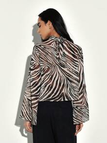 KSTM 女士斑马纹长袖交叉领上衣，动物纹时尚衬衫，适合办公室休闲穿着 - 彩色 - 查看 2