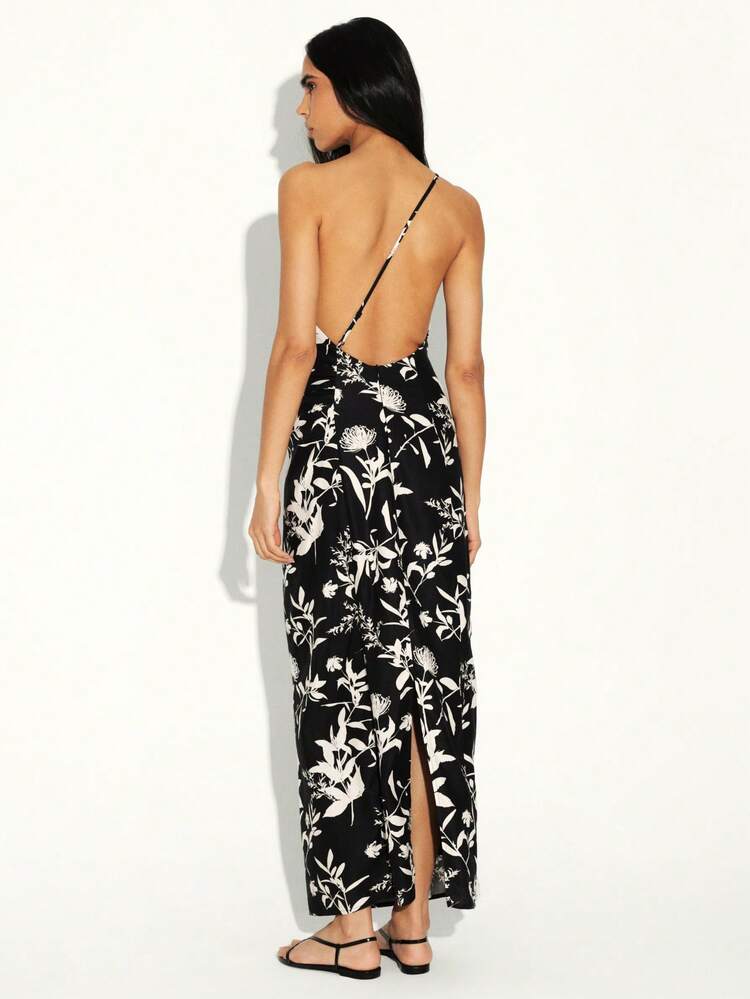 KSTM One Shoulder Botanical Printed Maxi Dress With Side Slit And Adjustable Straps For Summer Occasions