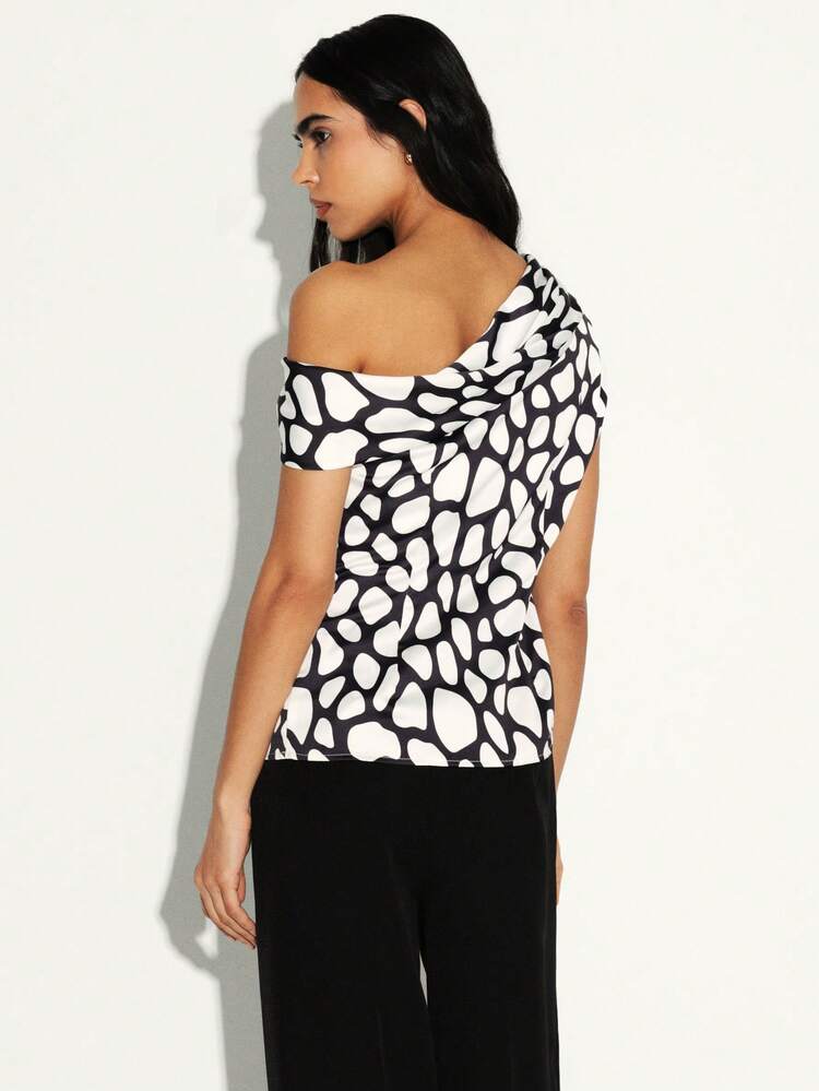 KSTM Assymetric Off Shoulder Ruched Top With Abstract Spot Pattern For Evening Office Casual