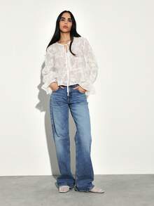 KSTM 女士薄纱灯笼袖衬衫，饰有花卉刺绣，波西米亚风系带长袖白色半透明女式春夏装 - 杏色 - 查看 3