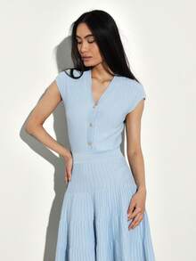 KSTM Ribbed Knit V-Neck Button Front Mini Dress With Tiered Pleated Hem And Cap Sleeves - Blue - View 5