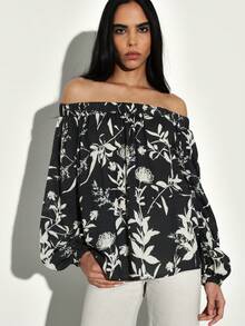 KSTM Off Shoulder Blouse With Long Sleeves Floral Print Black Top Elastic Neckline Casual Bohemian Style Garden Party Spring Summer Fashion - Multicolor - View 4