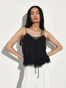 KSTM Áo hai dây màu đen viền ren dành cho nữ, kiểu dáng không tay, dây mảnh, có dây rút ở eo, thích hợp cho mùa hè và buổi tối. - màu đen - Xem 4