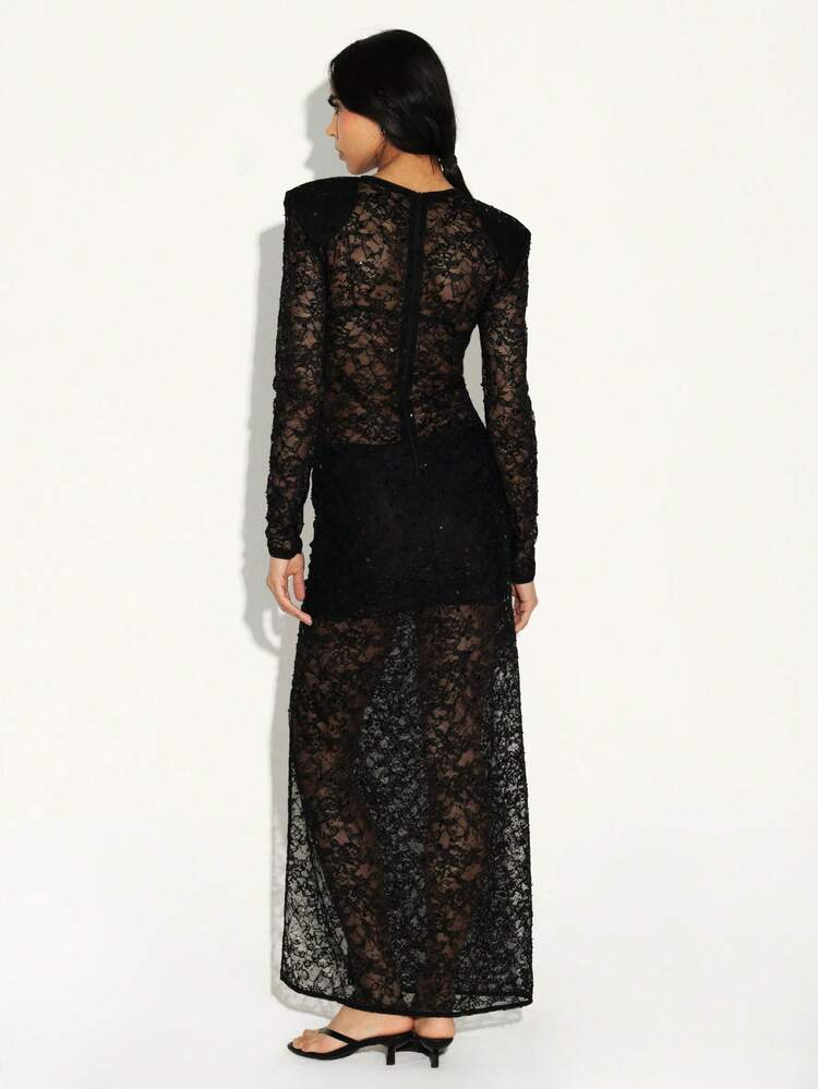 KSTM Women Shoulder Pad Sequin Lace Maxi Dress Long Sleeve See Through Evening Formal Gown Side Slit Party Dress