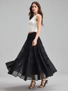 Ontre 女士休闲纯色百褶A字裙，夏季 - 黑色 - 查看 2