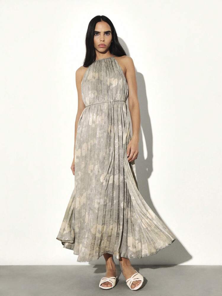 KSTM Vestido largo plisado de cuello halter con detalle de lazo en la espalda y cintura recogida para fiestas de noche, bodas y eventos