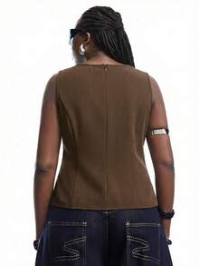 LYSMO Plus Size Minimalist Elegant Black Sleeveless Top & Camisole For Summer - Coffee Brown - View 2