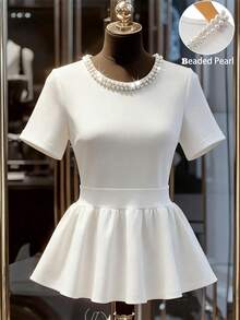 SHEIN Franclia Franclia 女士优雅轻盈奢华白色T恤，饰有串珠，适合派对和约会穿着。 - 白色 - 查看 1