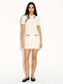 KSTM Ribbed Knit Mini Polo Dress With Contrast Trim Short Sleeve Button Front Sweater Dress Fall Winter - Beige - View 1