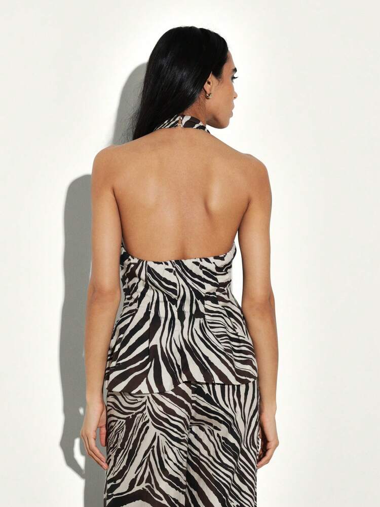 KSTM Zebra Print Halter Top With Deep V Neck And Open Back Design For Summer Beach Party Occasions