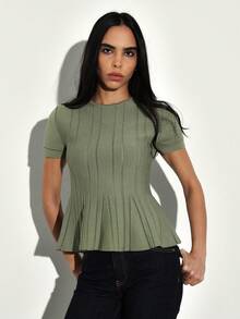 KSTM Sage Green Fully Fashioned Knitted Peplum Top Short Sleeve Round Neck Ribbed Texture Casual Elegant Blouse Spring Summer - Green - View 1