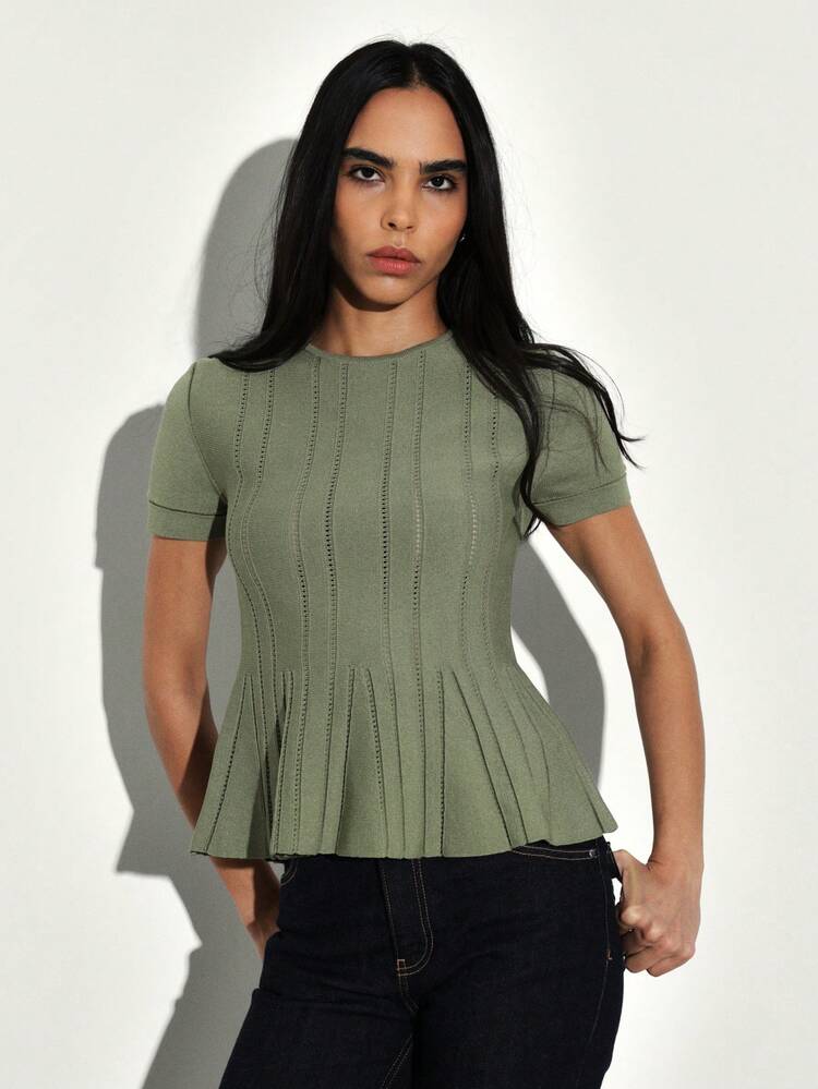 KSTM Sage Green Fully Fashioned Knitted Peplum Top Short Sleeve Round Neck Ribbed Texture Casual Elegant Blouse Spring Summer