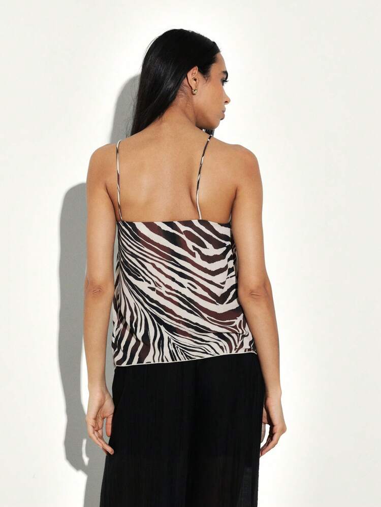 KSTM Zebra Print Halter Neck Draped Tank Top With Tie Detail Summer Festival Sleeveless Blouse For Evening Party Casual Wear